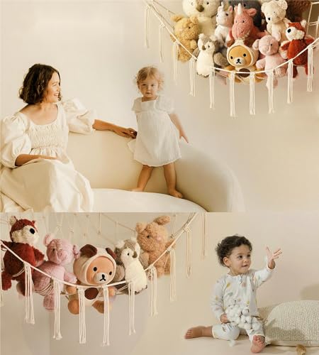 Stuffed Animal Storage Hammock or Net Corner - Large Toy Hammock Net for Stuffed Animals Room Decor - Cute Stuff Animal Organizer Plush Holder - Kids Baby Nursery Essentials Wall Bedroom Home Decor - color: Beige, size: Standard(41.5"L x 55.2"W x 41.5"H)