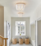 AMZASA White Boho Wood Beaded with Hemp Rope Flush Mount Ceiling Light Farmhouse Small Chandelier Light Fixture for Bedroom Hallway Entryway Closet Kitchen Dining Room Living Room Nursery - color: White