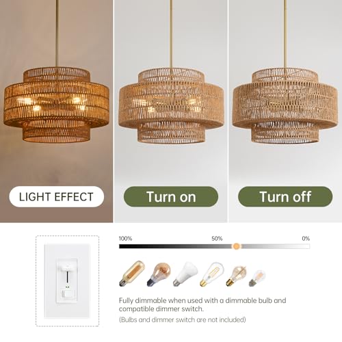 4-Light Boho Rattan Chandelier Light Fixture, 17.7” Hand Woven Rustic Chandeliers Farmhouse Chandelier Hanging Light for Dining Room Kitchen Island, Living Room, Foyer - color: Brown, size: 17.7" 4-Light