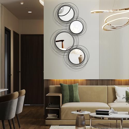 Hicarer 4 Pcs Decorative Round Modern Circle Mirror Wall Art Ring Metal Mirror Wall Mounted for Bedroom, Living Room, Entryway, Dining Room, Hallway (Black) - color: Black