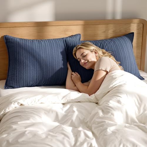 100% Cotton Waffle Pillow Shams Standard Size, 2 Pack 20x26 Decorative Pillow Covers for Bed Couch Sofa, Neutral Weave Cushion Cases Modern Farmhouse Home Decor, Navy Blue - color: Navy Blue, size: 26" x 20" (Pack of 2)