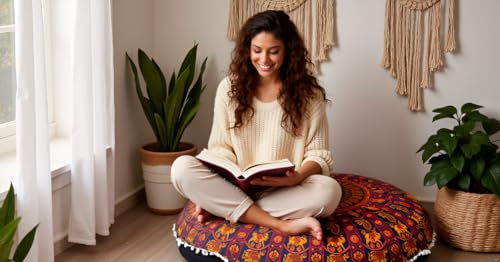 Round Mandala Floor Pillow Cover Seating Cushion Throw Cover Hippie Decorative Bohemian Ottoman Pouf Cover, Pom Pom Pillow Cases,Boho Indian 22 Inches (Orange) - color: Orange
