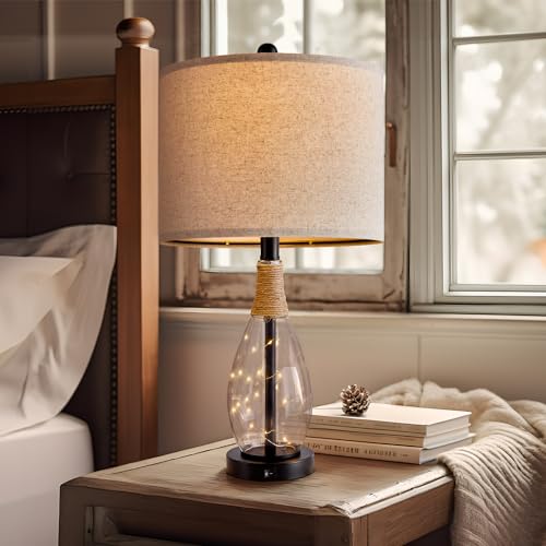 OYEARS Bedside Table Lamp with USB, 23‘’ Black Modern Nightstand Lamps for Bedroom, Retro Rattan Table Lamps for Night Stands, Living Room, Farmhouse Table Lamp with Glass Nightlight Lamps - color: Black