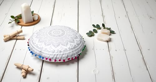 Round Mandala Floor Pillow Cover Seating Cushion Throw Cover Hippie Decorative Bohemian Ottoman Pouf Cover, Pom Pom Pillow Cases,Boho Indian 32 Inches Silver - color: Silver, size: 32" Round