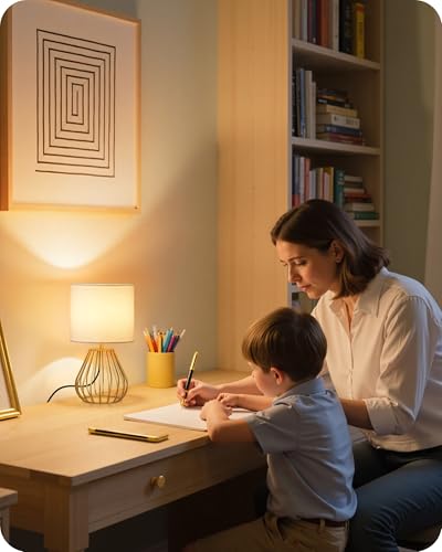 Gold Table Lamp, Small Gold Bedside Lamp with Metal Base & White Linen Lampshade, Modern Nightstand Lamp, Little Cute Desk Lamp for Bedroom, Living Room, 2700K LED Bulb Included, DCW06TL05 - color: White + Gold
