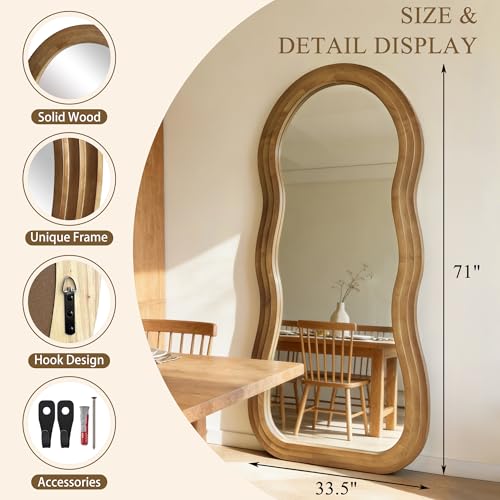 Wavy Full Length Mirror, 71"x33.5" Oversized Organic Floor Mirrors with Triple-Layer Solid Wood Frame, Large Irregular Full Body Mirror for Living Room Entryway Cloakroom, Leaning/Hanging - color: Natural Wavy Frame, size: 71"L x 33.5"W