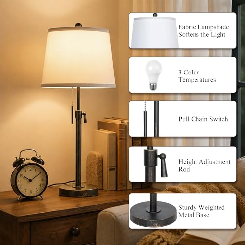 Adjustable Height Table Lamps Set of 2 22-30in Retro Black Brush Gold Modern Nightstand with White Shade 3 Color Temperature Pull Chain Bedside Lamps for Living Room Bedroom Hallway(Bulbs Included) - color: Black Gold+White Shade Set of 2