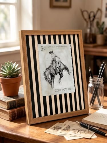 LBTZEVIR Vintage Western Wall Art,Rodeo Cowboy Postage Print with,StriplesVintage,Mid Century Southwest Cowboy Pictures Wall Decor for Living Room Bedroom Bathroom 8x10 inch Framed - color: Black and White1, size: 8"L x 10"W