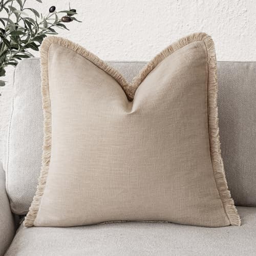 Foindtower Decorative Linen Fringe Throw Pillow Covers Cozy Boho Farmhouse Cushion Cover with Tassels Soft Accent Pillowcase for Chair Sofa Bed Living Room Home Decor, 16×16 Inch, 1PC,Tan Beige - color: Semolina, size: 16" x 16" (Pack of 1)