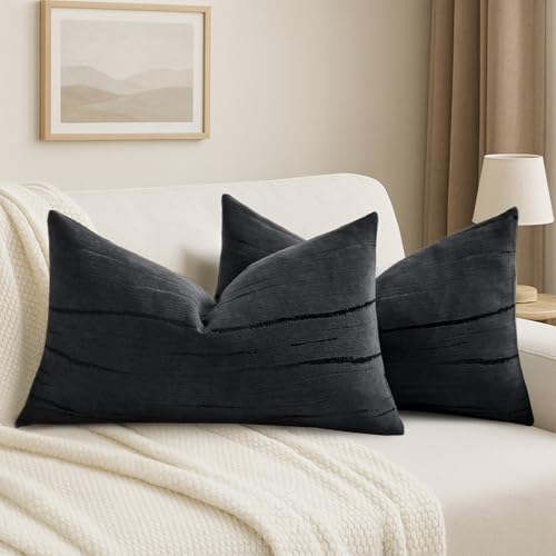 HAUSSY Pack of 2 Lumbar Pillow Covers 12x20 Inch, Boho Embossed Decorative Throw Pillows Soft Striped Textured Cushion Covers Home Decor Pillowcases for Couch Living Room Sofa Bed, Black (Covers Only) - color: Black, size: 20" x 12" (Pack of 2)