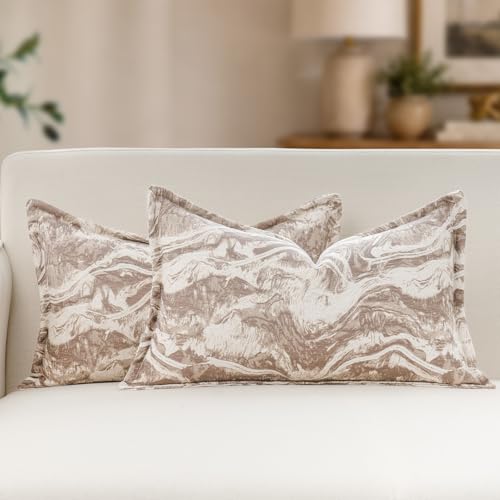 MATTINS Neutral Marble Pillow Covers 12x20 Set of 2, Modern Textured Lumbar Pillow Covers, Luxury Farmhouse Brown Pillow Covers, Boho Patterned Decorative Pillow Cover for Couch Sofa Bed Gift Pack - color: Light Brown, size: 20" x 12" (Pack of 2)