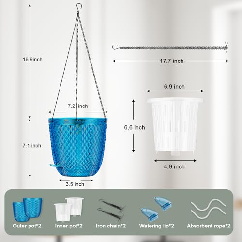 QCQHDU Hanging Planters for Indoor Plants, 2-Pack, 7.2 Inch, Klein Blue | Plastic, Self Watering Plant Hanger, with Drainage Holes, 3 Hooks Chains, For Garden Home - color: Klein Blue, size: 7.2in