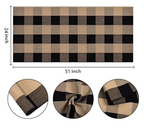 Front Porch Rug 24''x51'' Black and Tan Checkered Outdoor Rug Cotton Washable Front Door Mat Outdoor for Layered Doormat,Bedroom,Farmhouse,Entryway,Patio - color: Khaki Black, size: 24''x 51''