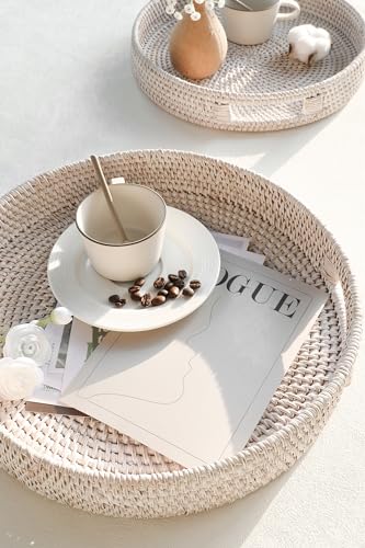 HITOMEN 14.2" Hand-Woven Round Rattan Serving Tray Decorative Ottoman Wicker Platter with Handles for Coffee Table, Breakfast, Drinks, Snack, Bread, Fruit, Vegetables (Whitewash-L) - color: Whitewash, size: Large (14.2 inches)