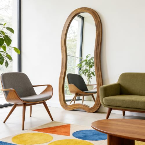 Large Irregular Floor Mirror, 67"x31.5" Organic Shape Mirror with Triple-Layer Solid Wood Frame, Asymmetrical Full Length Mirrors for Entryway Living Room Bedroom Hallway, Leaning/Hanging - color: Natural, size: 67"L x 31.5"W