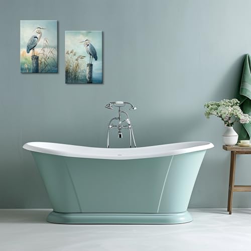 2 Piece Heron Canvas Wall Art Cyan Bird Picture Artwork Coastal Birds Print Painting Modern Birds Picture Poster Framed for Living Room Bedroom Barhroom Wall Decor - color: Cyan, size: 36"L x 24"W