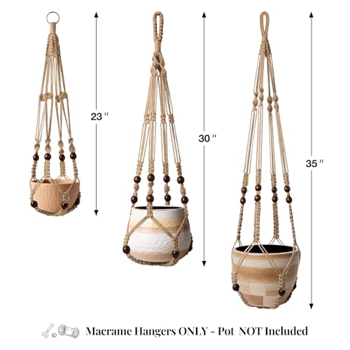 LEWESU 3 Pack Jute Macrame Plant Hanger Indoor 3 Different Sizes Hanging Planter Basket Flower Pot Holder with Wood Beads & No Tassels for Boho Home Decor, 23, 30, 35 Inch, Brown (Pot Not Included) - color: Brown, size: 23" + 30" + 35"