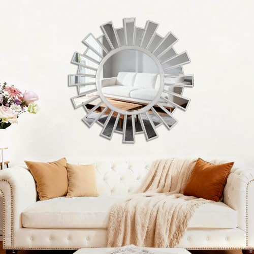 23.6" Sunburst Round Mirror, Silver Sun Decorative Wall Mirror, Design for Fireplace Mantel Foyer Entryway Bedroom, Modern Glam Sunflower Wall Art | Easy Hanging Wall Decor for Living Room - color: Sliver