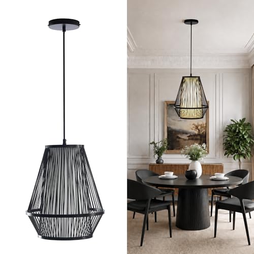 12 Inch Pendant Light, Hanging Ceiling Lamp with Handwoven Bamboo Basket Shade, Adjustable Pendant Fixture for Kitchen Island, Dining Room, Bedroom - color: Black