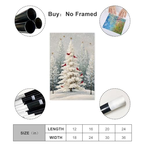 JDBeehpy Snowy Christmas Tree Wall Art Red Birds Frameless Canvas Print Poster Peaceful Winter Home Decor Painting Livingroom Fireplace Mural 12x18inch(30x45cm) - color: Christmas Tree Unframe, size: 18L" x 12W"