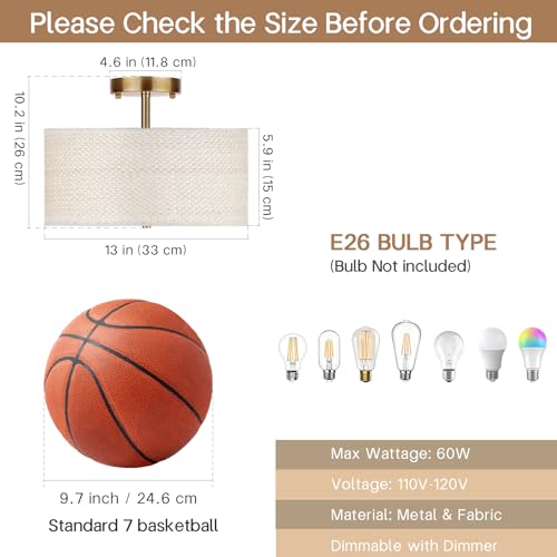 13" Boho Rattan-Style Semi Flush Mount Ceiling Light Fixture, 3-Light Modern Fabric Shade Drum Lamp, White Rustic Lighting for Bedroom, Kitchen, Dining Room, Living Room, Hallway, Entryway - color: White