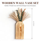 Wooden Wall Vase Set of 2 with Dried Pampas Grass & Eucalyptus – Boho Farmhouse Wall Decor for Living Room, Bathroom, Entryway or Hallway, Rustic Modern Wooden Wall Art