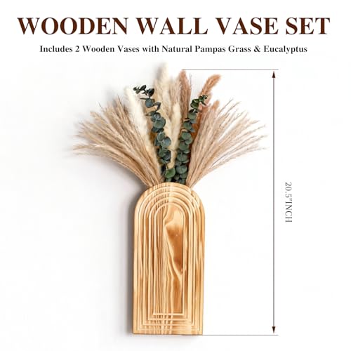 Wooden Wall Vase Set of 2 with Dried Pampas Grass & Eucalyptus – Boho Farmhouse Wall Decor for Living Room, Bathroom, Entryway or Hallway, Rustic Modern Wooden Wall Art