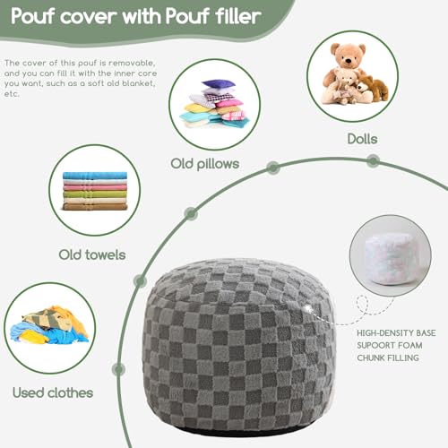 HIGOGOGO Round Stuffed Pouf Ottoman, Plaid Poufs with Foam Chunk Filling, Fluffy and Furry Pouf Foot Stool Storage Ottoman, 20 X 15 Floor Poufs Foot Rest for Living Room, Grey - color: Plaid Grey, size: 20"D x 20"W x 15"H