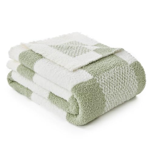 Snuggle Sac Checkered Blanket, Sage Green Throw Blanket for Couch Plaid Microfiber Fluffy Warm Cozy Fuzzy Soft Throw Blanket Reversible Checker Blankets for Sofa, Chair, Bed, 60x80 inches - color: Checker Sage Green, size: Twin(60"x80")