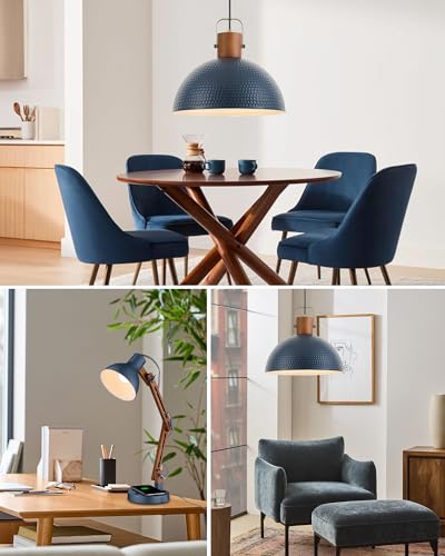 ELYONA 16” Large Ash Wood Pendant Light with Hammered Blue Metal & Brushed Brass Handle Large Pendant Light Fixtures Modern Dome Hanging Lamp for Kitchen Island, Dining Table, Bedroom, Hallway - color: Blue - 1 Pack