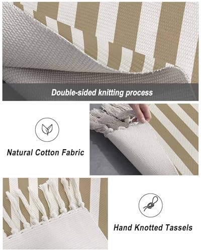 Khaki Stripes Kitchen Runner Rug 2'x4', Washable Woven Cotton Area Rug with Tassels Bathroom Hallway Rug, Farmhouse Brown Simple Vertical Striped Entryway Bedroom Rug Non Slip Throw Rug Carpet - color: Khaki, size: 2 x 4 ft
