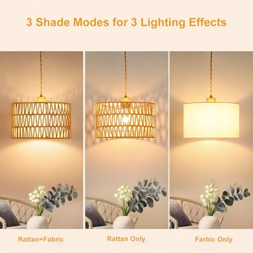 Dimmable Boho Hanging Lights with Plug in Cord 14.7ft，2 in 1 Shade Plug in Pendant Light Rattan Hanging Lamp with E26 Bulb, Long Lasting Wicker Plug in Pendant lamp Fixture for Living Bedroom - size: 2 tier HL-10