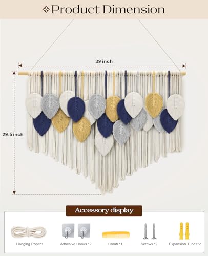 Tempospark Large Macrame Wall Hanging, 39" Wx29 L Boho Wall Hanging, Boho Chic Leaves Tassels Tapestry for Bedroom, Living Room, Dining Room, Nursery, Hallway, Balcony - color: Deep Ocean, size: 29"L x 39"W