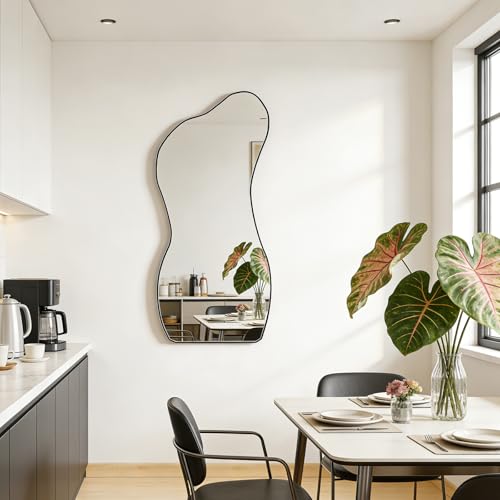 POZINO Irregular Wall Mirror, 47.2"x22" Asymmetrical Frameless Mirror Decorative, Modern Organic Shaped Mirror for Entryway Hallway Living Room Bedroom, Horizontal or Vertical Hanging - color: Black Large 01, size: 47.2"L x 22"W