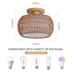 Boho Rattan Ceiling Light Fixture - 3 Style Options Wicker Semi Flush Mount Ceiling Lights,Brown Coastal Light Fixtures,Bohemian Woven Basket Chandelier for Hallway Bedroom Nursery Kitchen Laundry - color: Brown