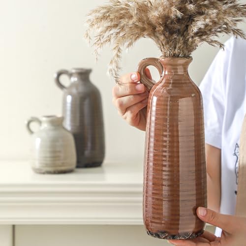 Ceramic Vases Set of 3, Neutral Rustic Farmhouse Vase with Handle, Decorative Flower Vases Home Decor Modern Boho Pampass Vase for Table Mantel Entryway Shelf Living Room Kitchen Bathroom - Brown - color: 010 Vase Set With Handle - Brown