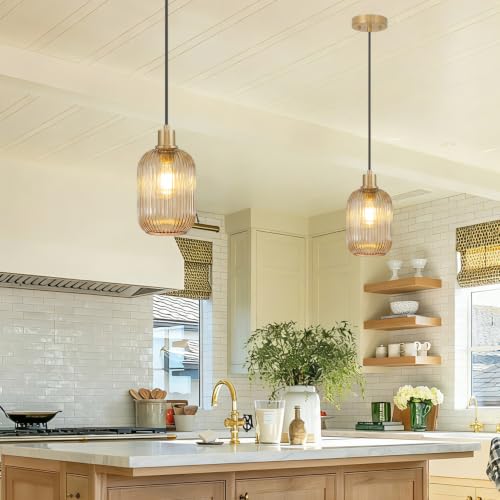 2 Pack Amber Cylinder Pendant Lights Kitchen Island with Ribbed Lampshade, Brushed Gold Hanging Light Fixture, Adjustable Pendant Lighting for Kitchen Island Sink Dining Room (Bulbs Not Included) - color: 2 Pack Brushed Gold + Amber Glass