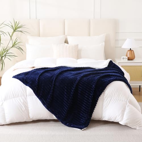 Navy Blue Sherpa Fleece Throw Blanket 60”×80” for Couch Sofa Bed,Double Side Soft Fuzzy Cozy Plush Thick Flannel Blanket with Striped Design,Gift for Adults,Woman,Girls - color: Navy Blue, size: 60×80inch