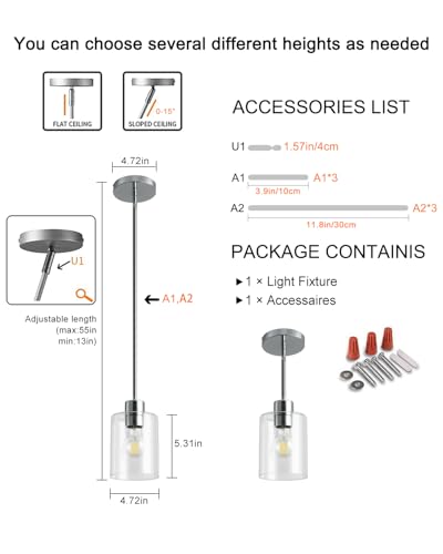 Chrome Pendant Lights Kitchen Island - Clear Glass Pendant Light Fixture Multiple Stems Rods 3 Units 12 Inch 3 Units 4 Inch (1 Pack Chrome Downrod) - color: Chrome 1PK
