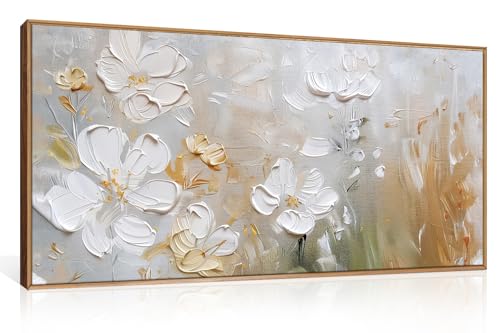 HPNIUB Large White Flower Framed Wall Art Modern White and Gold Floral Canvas Oil Painting Nature Botanical Wall Decor Abstract Aesthetic Artwork for Living Room Bedroom Decor -20"x40" - color: White Floral Wall Art, size: 40"L x 20"W