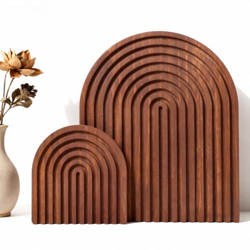 2 Pcs Dark Brown Wood Arch Decor, Boho Shelf & Serving Board for Fireplace Mantel, Kitchen Counter - Vintage Espresso Finish, Mid Century Modern Farmhouse Accents for Living Room, Home Office - color: Brown