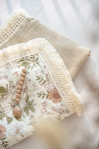 Little Jump Cotton Muslin Swaddle Blankets with Tassel, Boho Bohimia Muslin Baby Blanket Neutral with Fringe, Vintage Teddy Bear Nursery Decor Muslin Throw Blanket 47" x40" (Vintage Blossom) - color: Vintage Blossom