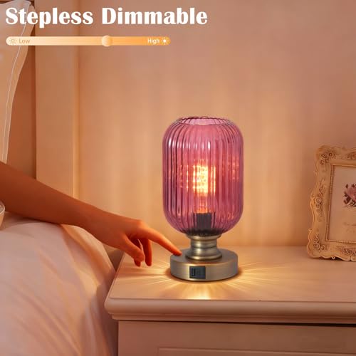 Mid Century Glass Table Lamp,Dimmable Desk Lamp,LED Bulb Included,Touch Control & USB A+C Port,Purple Ribbed Glass - color: Purple Ribbed, size: USB + Touch