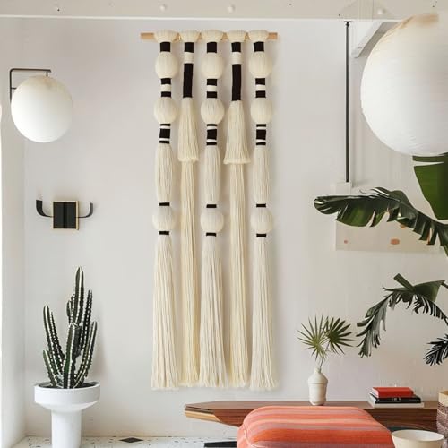 Flber Macrame Wall Hanging Tassels Sphericity Cotton Textile Hanging Geometric Yarn Wall Art for Bedroom Living Room Decor 15.7" W x 39" L - color: Ivory