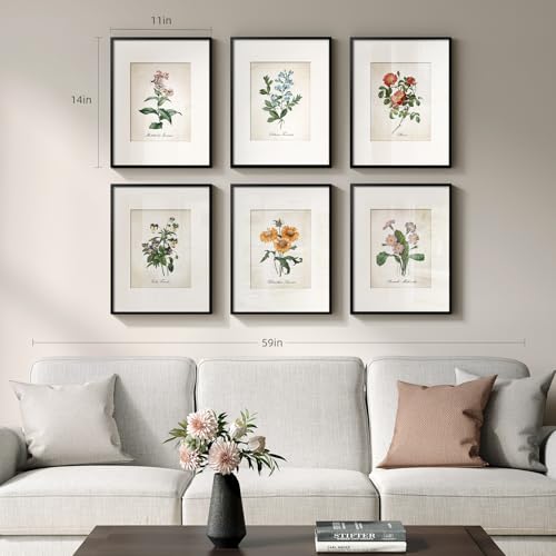 Framed Botanical Floral Wall Art, Set of 6 Vintage Wildflower Prints with Mat, Rustic Farmhouse Nature Flowers Artwork for Bedroom Living Room Hallway Dining Room Modern Neutral Home Decor, 11x14 In - color: Blooming - Black Framed, size: 11" W x 14" H x