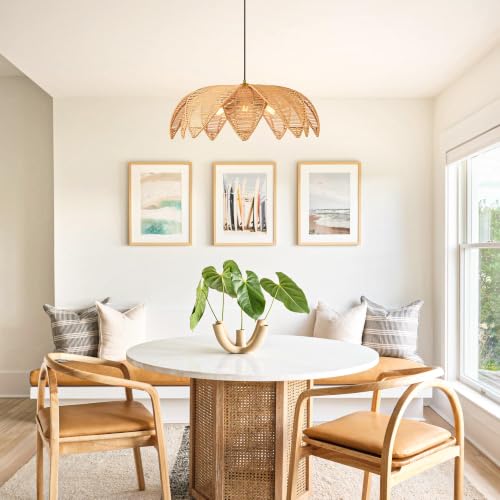 3-Light Rattan Boho Chandelier for Dining Room,24" Hand Woven Wicker Coastal Hanging Pendant Light for Kitchen Island Bedroom Living Room - size: 23.6″Flower