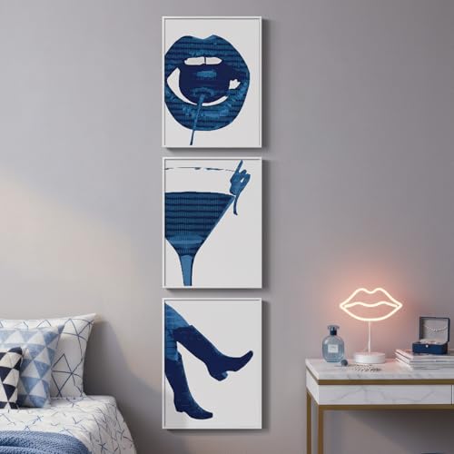 Framed Navy Blue Pop Wall Art for Room Decor, 3 Piece Funky Cocktail Boot Lip Artwork for Walls, Trendy Preppy Canvas Prints, Modern Blue Picture for Living Room Bedroom Apartment Wall Decor, 12x16 In - color: Navy Blue
