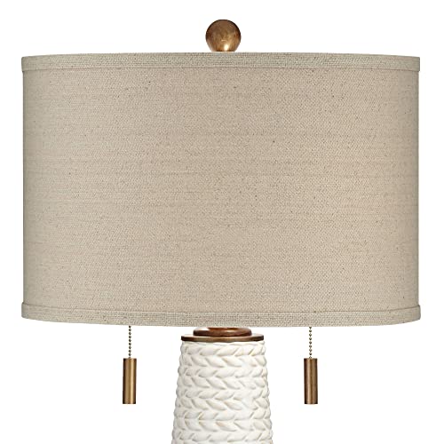 Possini Euro Design Kingston Mid Century Modern Table Lamp 32 3/4" Tall White Grooved Patterned Ceramic Taupe Drum Shade for Bedroom Living Room House Bedside Nightstand Home Office Entryway Family