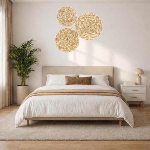 Laquedecraft Boho Wicker Rattan Plate Basket Set For Décor Hanging Wall | Large Woven Farmhouse Rustic Bohemian Art Baket Hangings For Decorative Home, Bedroom, Living Room, Kitchen, Bathroom (Classic, Natural, Set of 3) - size: Set of 3, style: Classic