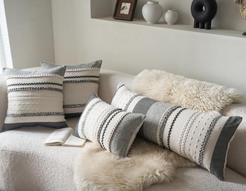 Cethom Boho Lumbar Pillow Covers 14x36 Inch Long, Black Textured Decorative Couch Pillow Cases for Farmhouse Home Decor, Accent Cushion Cover for Sofa, Bed, Living Room, Bedroom, Pack of 1 - color: Black, size: 36" x 14" (Pack of 1)